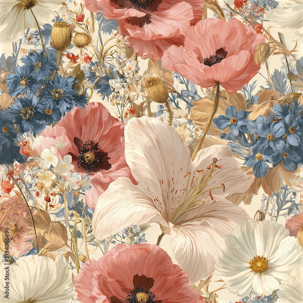Obraz premium Romantic botanical seamless pattern with oversized blush pink poppy, white lily, blue and cream flowers creating soft vintage