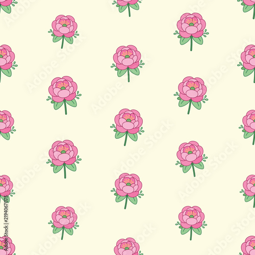Pink Peony Seamless Pattern with Green Leaves on Cream Background