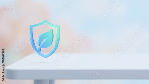 Transparent shield with leaf symbol supporting mindfulness practice and gentle protection on white surface against soft pastel background
