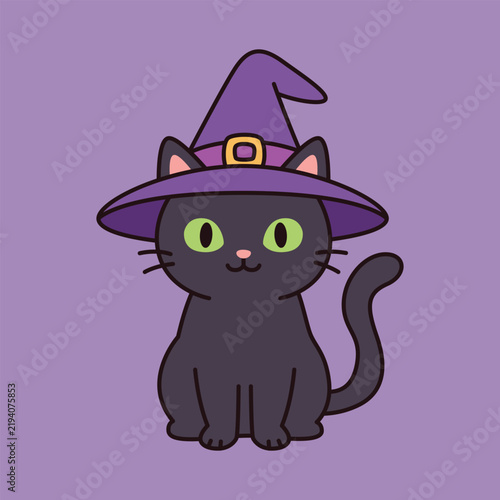 Black Cat Wearing Purple Witch Hat Cartoon Vector