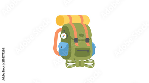 Green backpack with rolled sleeping bag and rope on a white background