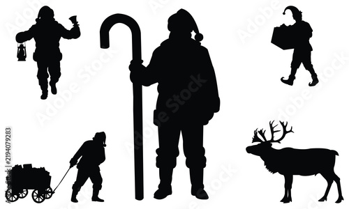 Christmas festive silhouette set with santa claus elf and reindeer graphic icons isolated on white background for design.