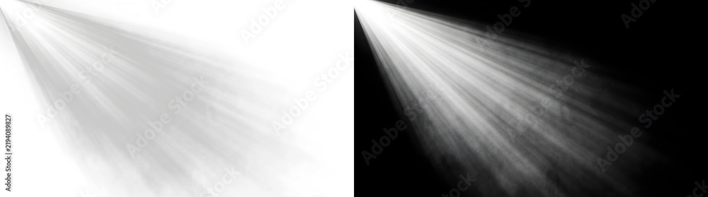 Obraz premium Cinematic light rays and sunbeam texture overlay, dramatic spotlight effect on black and white background, ethereal glow for photo editing