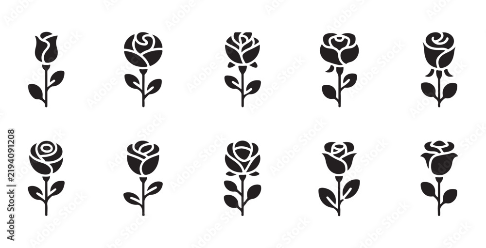 Obraz premium Rose flower vector icon collection featuring various floral silhouettes for graphic design projects.