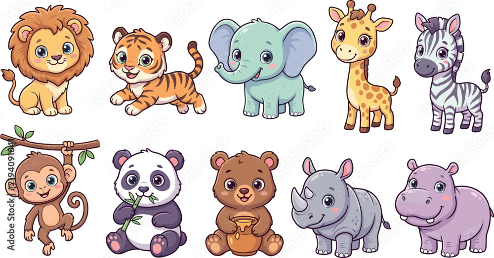 Fototapeta premium Cute Baby Wild Animal Character Collection with Lion Tiger Elephant Giraffe Zebra Monkey Panda Bear Rhinoceros and Hippopotamus Illustrations