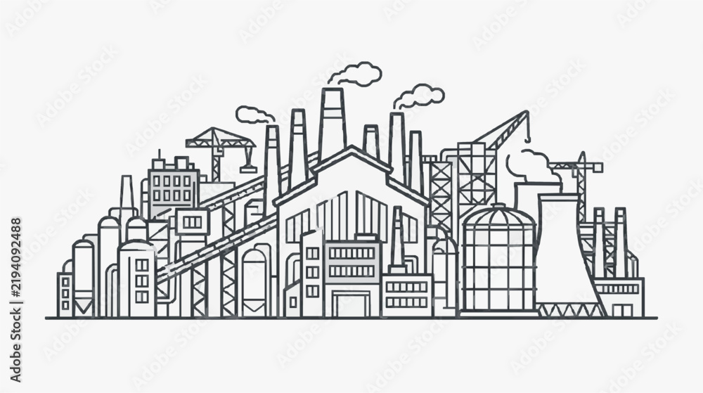Obraz premium Industrial Cityscape with Factories and Smokestacks Line Art