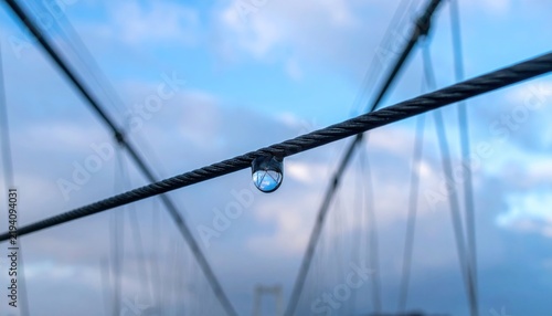 A single clear water droplet hanging from a steel cable against a blue sky.