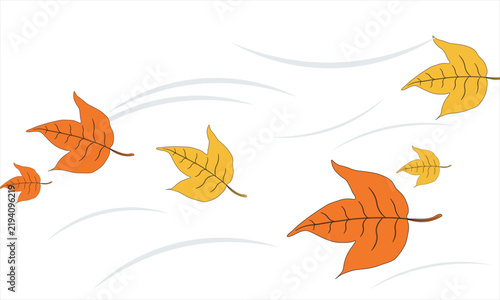 Falling autumn leaves in yellow and orange with swirling wind lines leaf