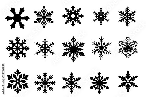 Minimalist snowflake silhouettes set, 15 black winter ice crystal icons, geometric snow flake vector collection for Christmas holiday design