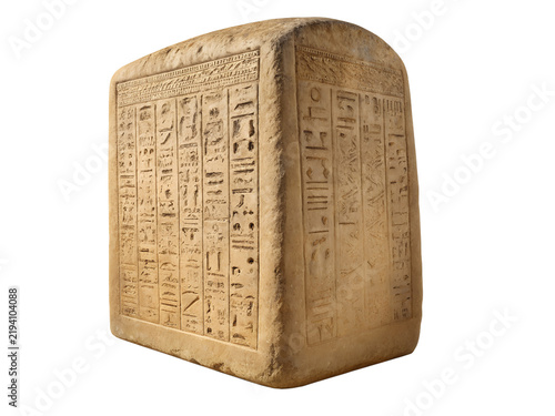 Ancient stone tablet with carved egyptian hieroglyphics isolated on a white background isolated on transparent background