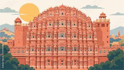 Hawa Mahal Palace of Winds in Jaipur Rajasthan India travel vector illustration