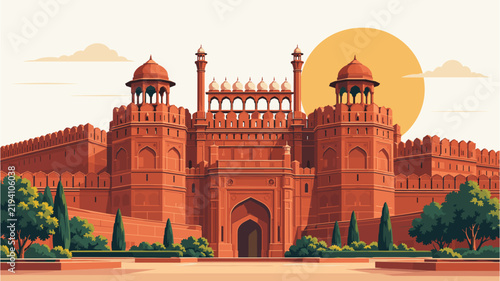 Red Fort Delhi landmark vector illustration with trees and sun background