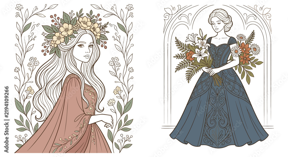 Fototapeta premium Floral ornament depicting women in vintage dresses and botanical details