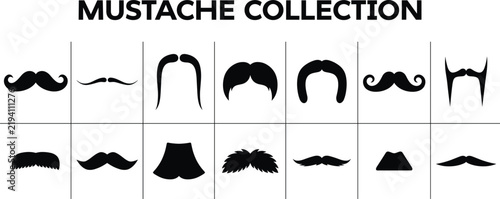 Mustache Collection Set Featuring Various Vintage and Modern Facial Hair Black Silhouette Styles for Barber Shop Design