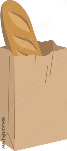 Freshly baked golden French baguette vector icon inside a crinkled brown kraft paper grocery bag. Ideal flat graphic for bakery branding, artisan bread shops, grocery apps, food blogs, and web UI.