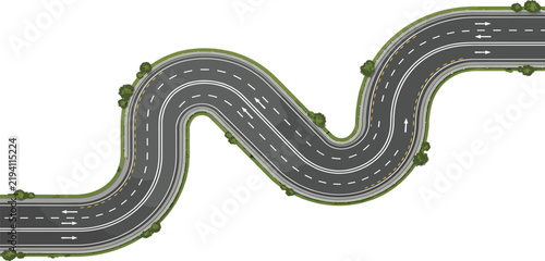 Winding S-shaped highway with lanes and markings illustrating navigation, transportation, and scenic route design concepts