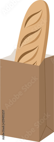 Freshly baked golden French baguette vector icon sticking out of a brown paper grocery bag. Ideal flat graphic for bakery menus, artisan bread shops, grocery apps, food blogs, and web UI design.