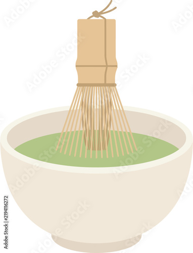 Traditional Japanese matcha green tea vector icon with bamboo whisk chasen resting in a ceramic chawan bowl. Ideal flat graphic for tea shop menus, zen wellness sites, cafe apps, and web UI design.