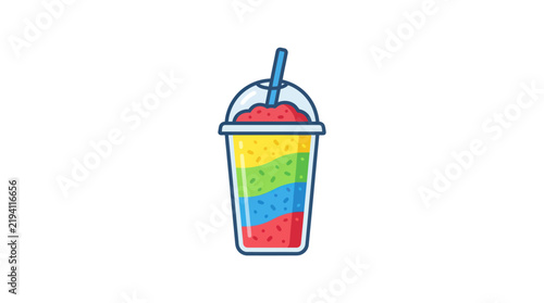 Layered rainbow slushie drink in a plastic cup.