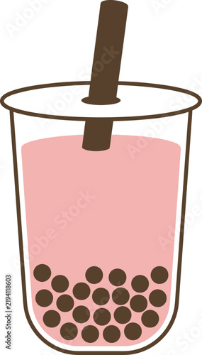 Pink boba milk tea vector icon in a sealed takeout cup with a wide straw inserted through the lid, filled with tapioca pearls. Ideal flat graphic for bubble tea menus, cafe apps, and web UI design.