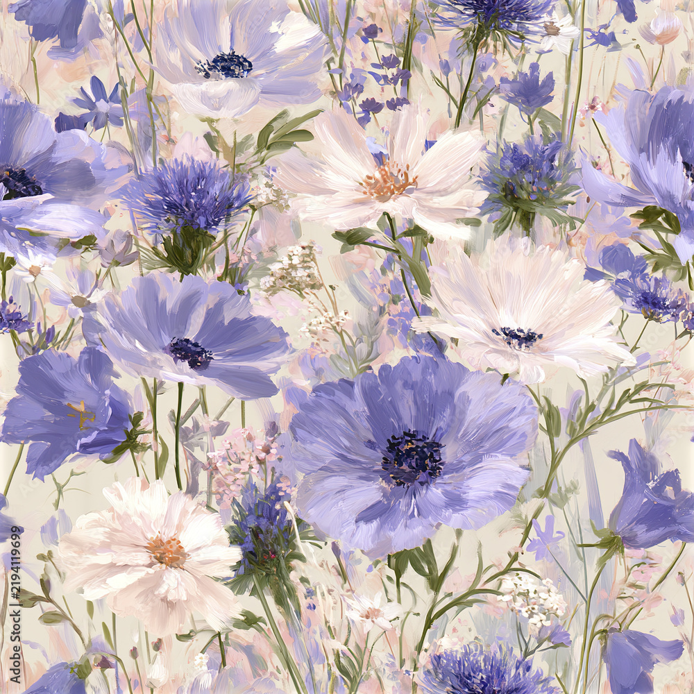 Obraz premium Whimsical violet wildflower seamless pattern with soft hand painted floral design creating peaceful and delicate atmosphere