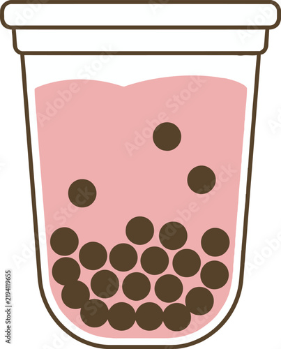 Pink boba milk tea vector icon in a sealed plastic takeout cup filled with dark chewy tapioca pearls. Ideal flat graphic for bubble tea shops, Asian drink menus, cafe apps, and web UI design.