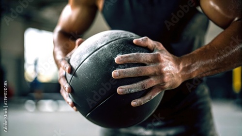 hyrox workout race concept. Close-up of a muscular person gripping a medicine ball, highlighting strength and fitness in a gym setting.