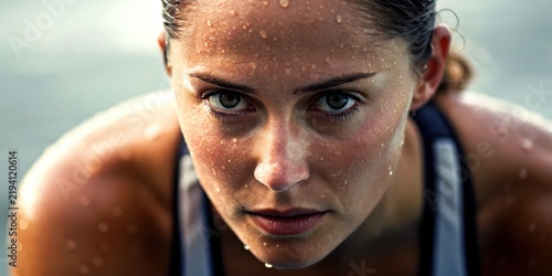 hyrox workout race concept. Close-up of a determined woman with water droplets on her face, focusing intensely during a workout or athletic activity.