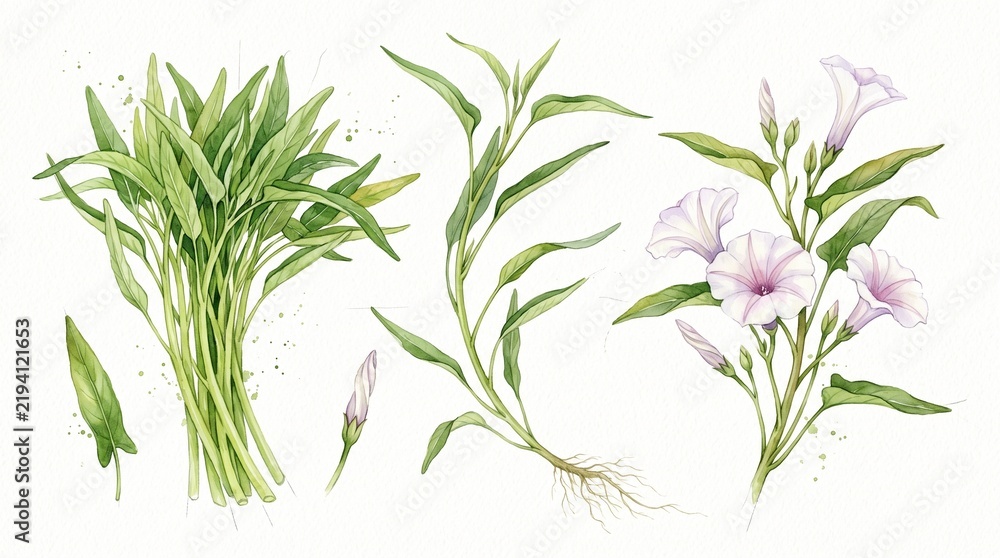 Fototapeta premium Watercolor Water Spinach Kangkung Botanical Illustration Set