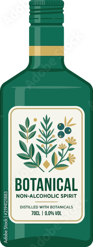 Green bottle non-alcoholic botanical spirit vector icon featuring screw cap, gold foil neck band, and botanical leaf label art. Ideal flat graphic for mocktail menus, sober bar sites, and web UI.
