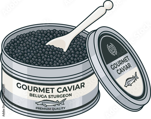 Gourmet beluga sturgeon caviar tin vector icon with open lid and mother-of-pearl spoon. Ideal flat graphic for luxury dining menus, fine food packaging, seafood blogs, culinary apps, and web UI.
