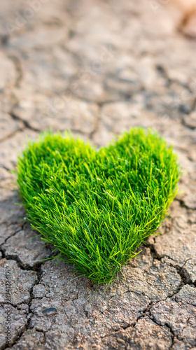 A heart-shaped patch of vibrant green grass contrasts with the cracked, dry earth surrounding it.