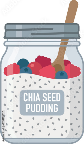 Chia seed pudding mason jar vector icon layered with fresh mixed berries and a wooden spoon. Ideal flat graphic for healthy breakfast menus, recipe apps, meal prep blogs, wellness sites, and web UI.