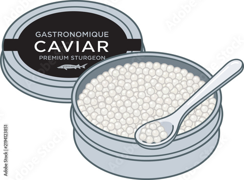 Gourmet white sturgeon caviar tin vector icon with open lid and mother-of-pearl spoon. Ideal flat graphic for luxury dining menus, fine food packaging, seafood blogs, culinary apps, and web UI.