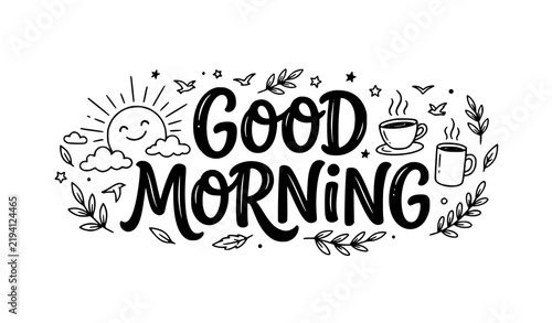 Good Morning Brush Lettering with Sun and Coffee Hand Drawn Line Art Vector