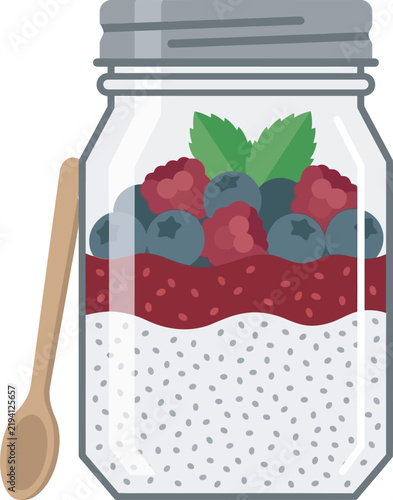Chia seed pudding mason jar vector icon layered with berry compote, fresh berries, mint, and a wooden spoon. Ideal flat graphic for healthy breakfast menus, recipe apps, meal prep, and web UI design.