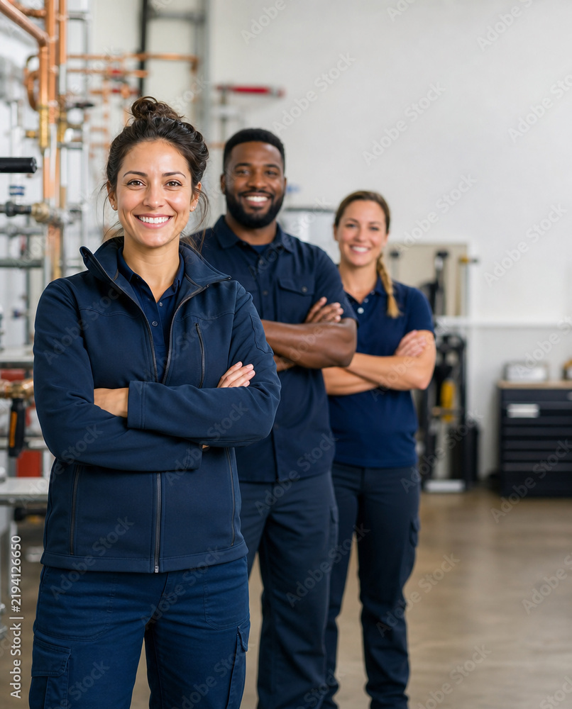 Fototapeta premium Plumbing operations manager leads diverse service team, showcasing residential plumbing, installation, maintenance, repair and professional home service expertise.
