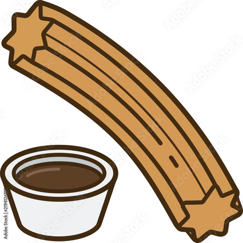 Curved star-shaped churro vector icon paired with a ramekin of rich chocolate dipping sauce. Ideal flat graphic for bakery menus, Spanish dessert blogs, street food apps, and web UI design.