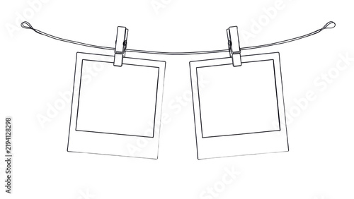 Two blank polaroid photo frames hanging on string with clothespins, isolated on white isolated on transparent background