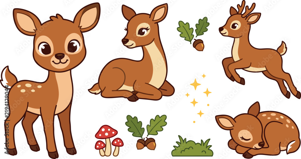 Fototapeta premium Cute Baby Deer Collection and Forest Woodland Elements Vector Set