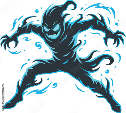 Blue Halloween Ghost Cartoon Illustration with Waves