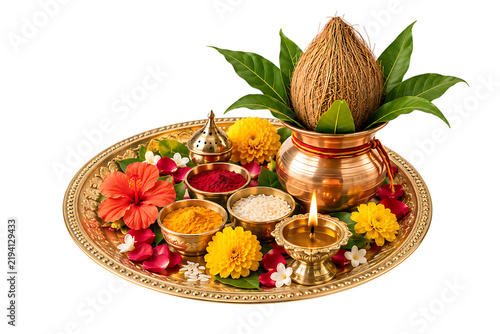 Traditional puja thali with copper kalash coconut flowers diya rice kumkum and turmeric durga puja isolated on a transparent background