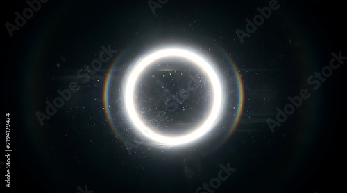 Glowing Abstract Light Ring with Lens Flare and Dust Particles in Black Space