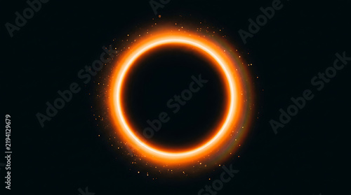 Glowing Orange Neon Circular Frame with Particle Effects in Dark Space