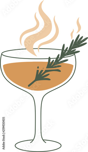 Smoked craft cocktail in a coupe glass vector icon featuring swirling aromatic vapor and a torched rosemary sprig. Ideal flat graphic for bar menus, cocktail recipes, mixology blogs, and web UI.