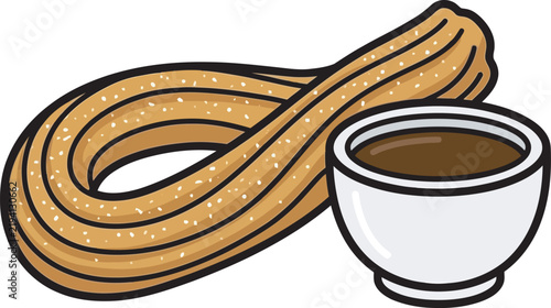Crispy cinnamon sugar churro loop vector icon served with a small bowl of rich chocolate dipping sauce. Ideal flat graphic for bakery menus, Spanish dessert blogs, street food apps, and web UI design.