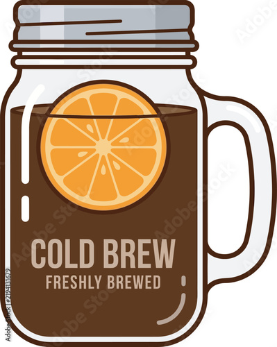 Mason jar cold brew coffee vector icon with orange wheel garnish, metal screw lid, and side handle. Ideal flat graphic for cafe menus, coffee shop blogs, recipe apps, beverage packaging, and web UI.