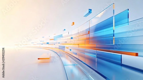 Futuristic abstract technology background with curved arrangement of transparent blue and orange glass rectangular blocks on glossy reflective light surface