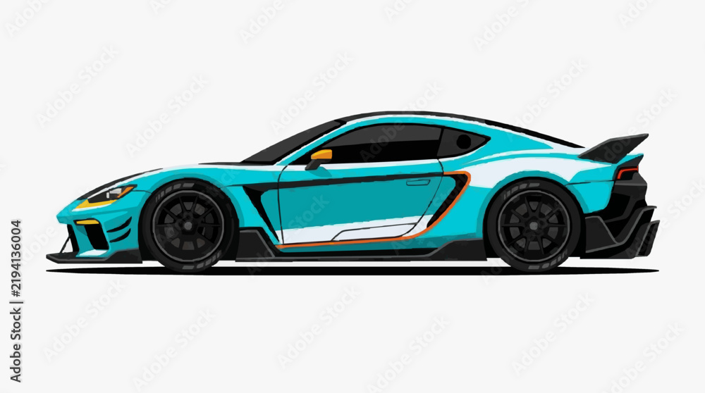 Naklejka premium Stylish Turbocharged Sports Car Side View in Vibrant Teal and Orange