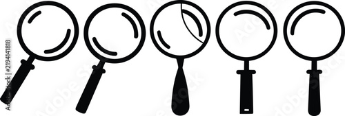 Magnifying glass icons in varied designs symbolizing search, inspection, investigation, and discovery concepts